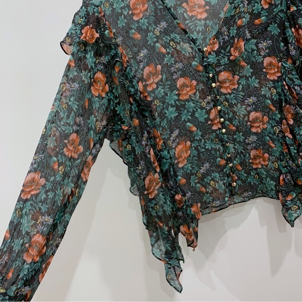 The Kooples Silk Floral Ruffle Blouse Sheer Poppy Field Print Romantic Top - Picture 6 of 12